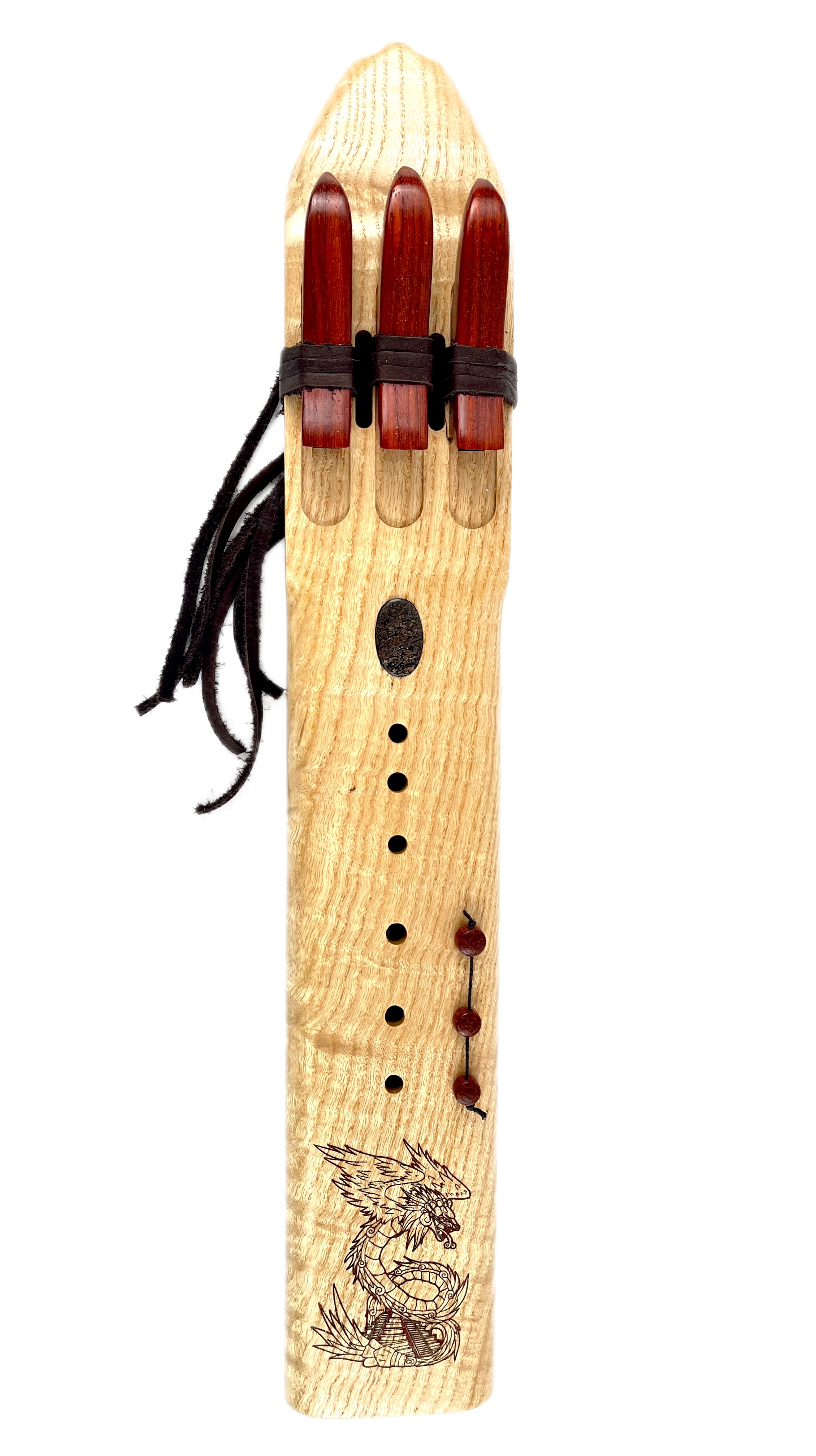 Native American Style Triple Drone Flute – Curly Ash – Key of F#  — handcrafted Native American style flute by Elemental Flutes